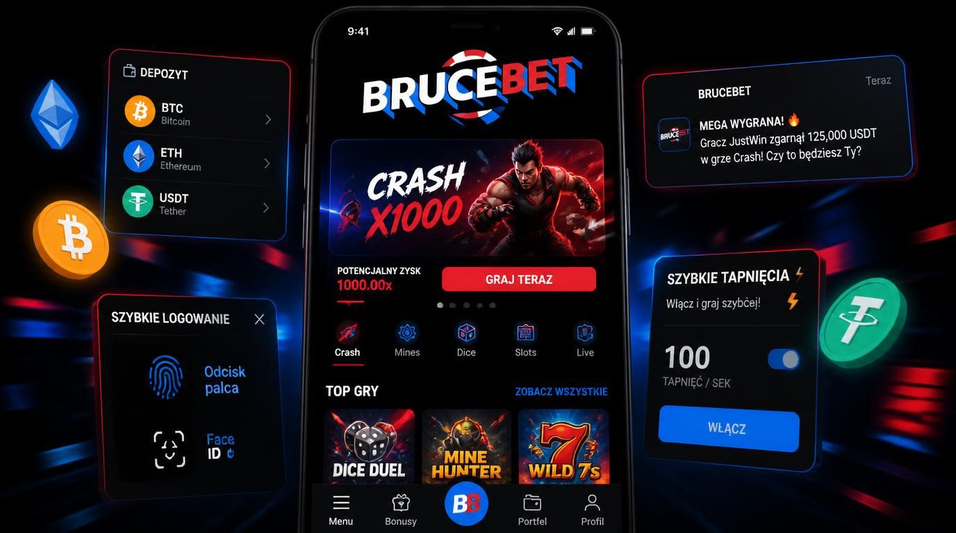 Różne funkcje apki Bruce Bet: krypto, biometryczne logowanie, powiadomienia