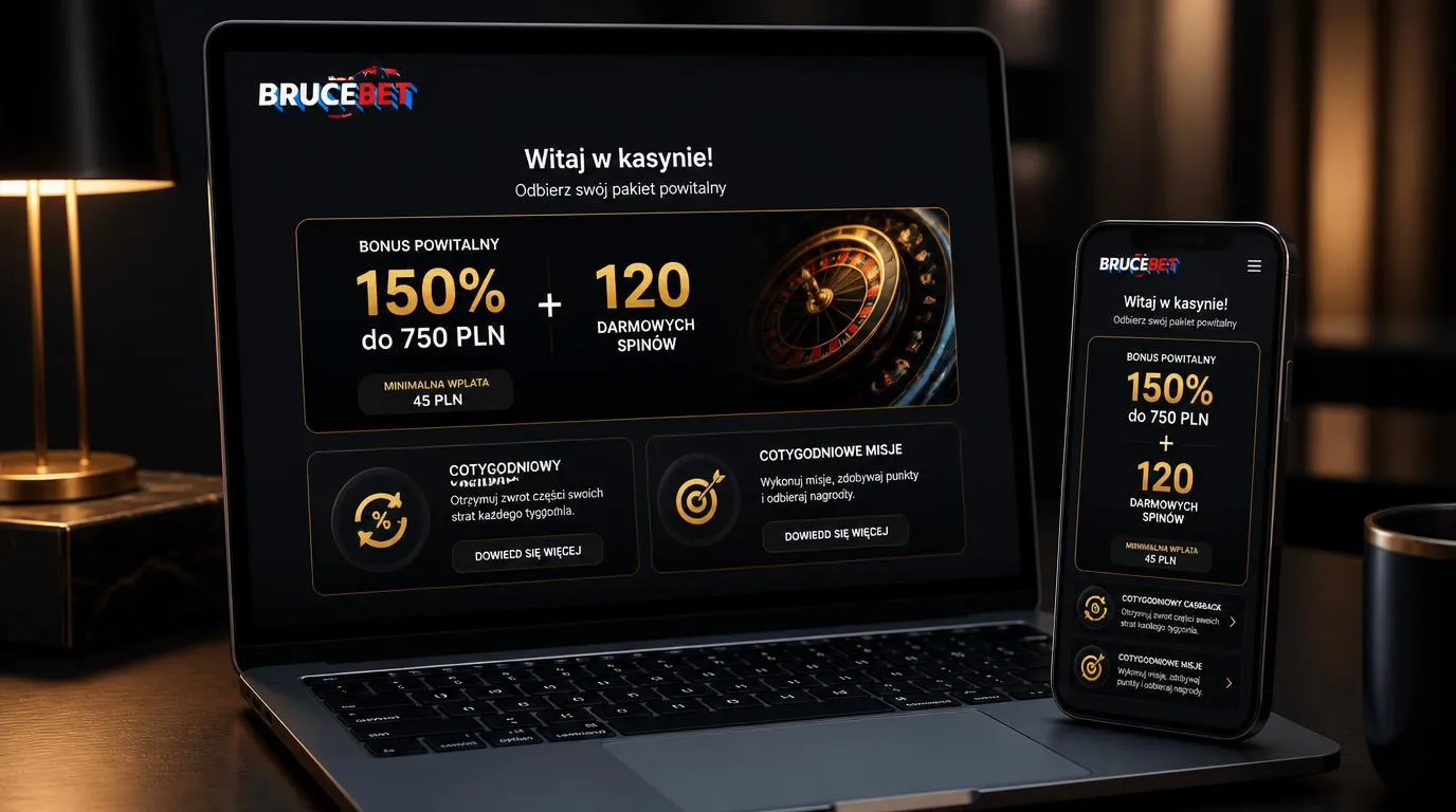 Ekran promocji kasyna z bonusem 150% do 750 PLN, 120 darmowymi spinami i minimalną wpłatą 45 PLN
